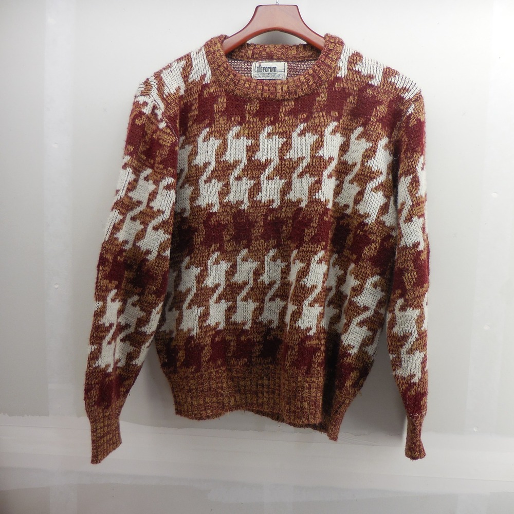 Vintage Forum Mens Large Orlon Houndstooth Crewneck Sweater Burgundy Gold